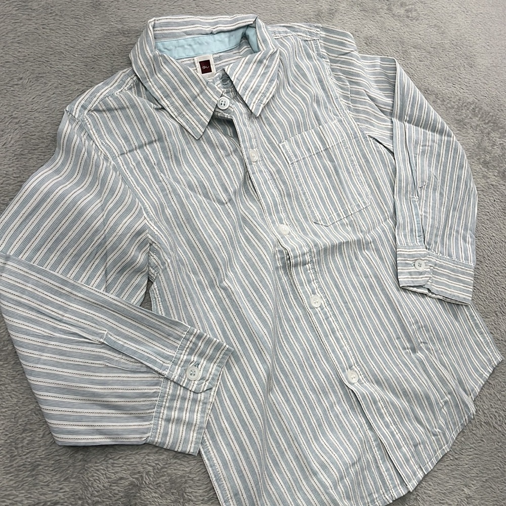 Tea Collection 5 100% Cotton Blue, Cream Long Sleeve Button Down Shirt (Spot)
